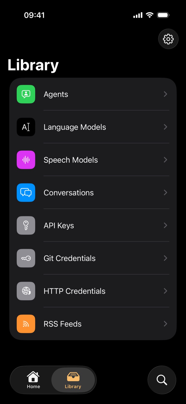 The Bilembi app: Library screen — agents, models, API keys, Git credentials, RSS feeds