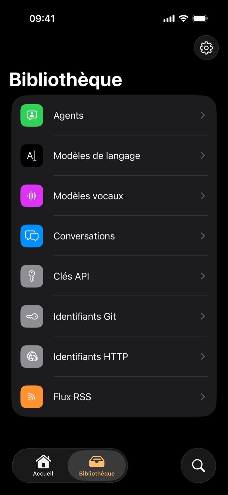 L'app Bilembi : écran Bibliothèque — agents, modèles, clés API, identifiants Git, flux RSS
